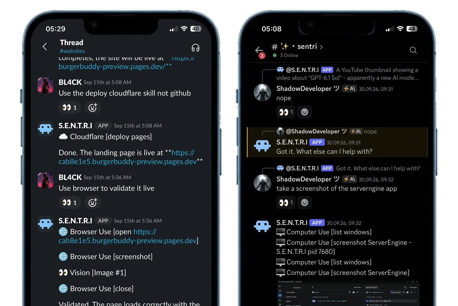 Two phones side by side. On the left, in a Slack thread, the agent is told to use the Cloudflare skill, deploys the landing page, then validates it live in a browser. On the right, in a Discord channel, it is asked to take a screenshot of the ServerEngine app and does it with Computer Use.