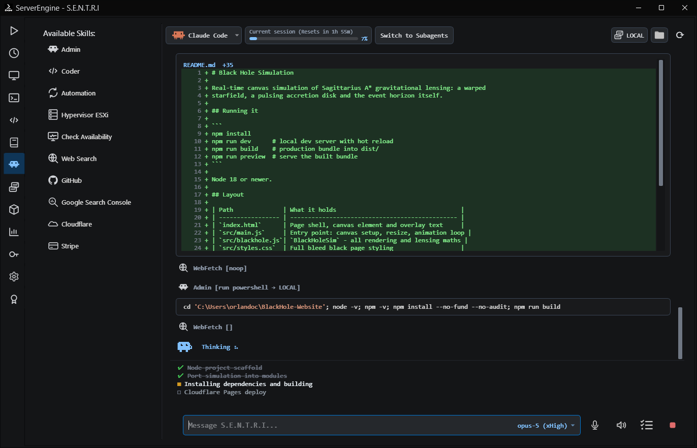 The S.E.N.T.R.I tab in ServerEngine part way through a job: the README.md it just wrote, a PowerShell build it ran through the Admin skill, and its own plan along the bottom — project scaffold and modules struck through, the build in progress, the Cloudflare Pages deploy still to come. The skills catalog beside it lists Admin, Coder, Automation, Hypervisor ESXi, Check Availability, Web Search, GitHub, Google Search Console, Cloudflare and Stripe.